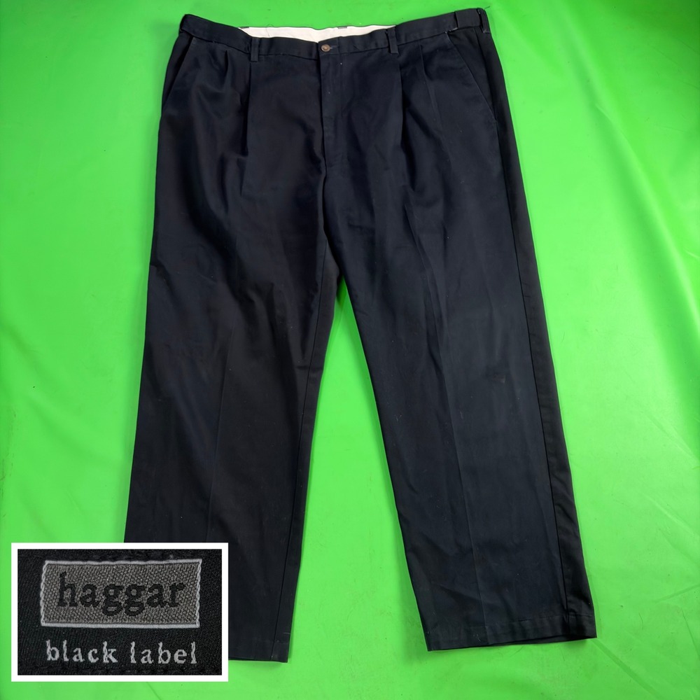 Haggar Black Label Dress Pants Mens 44/30 Black Pleated 100 Cotton Office Slacks